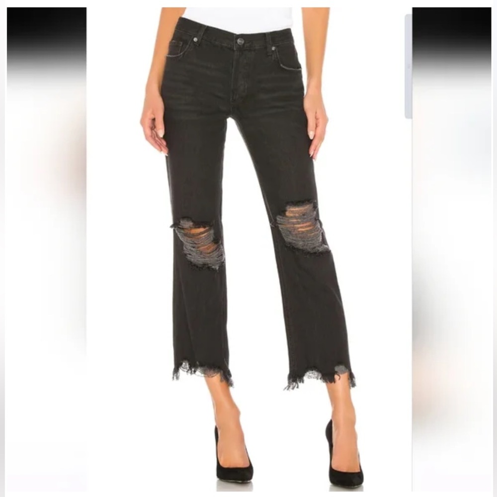 Free People Maggie Mid-Rise Straight-Leg ankle Jeans 28 BLACK RAW chewed HEM